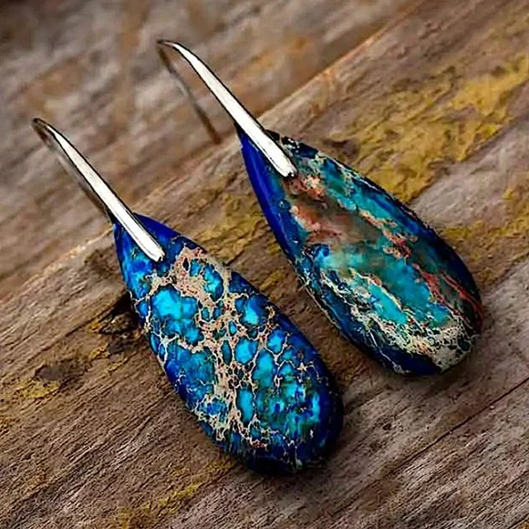 Imperial Jasper Stone Earrings Blue Silver - Picture 3 of 3